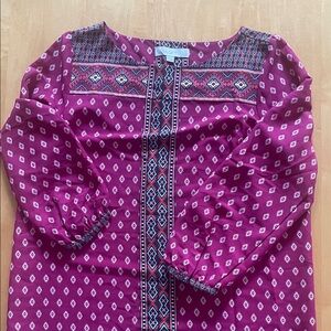 LOFT Magenta Printed Peasant Dress with Embroidered Yoke